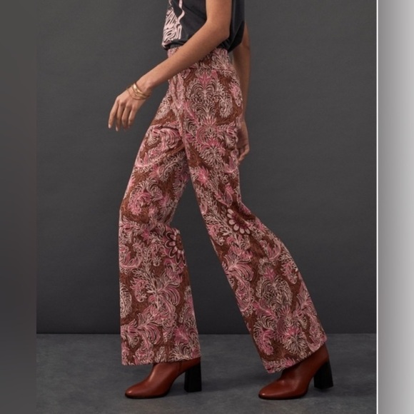 Anthropologie Maeve Pink Maria Paisley Metallic Flare Brocade Pants Size 6 - Picture 1 of 14
